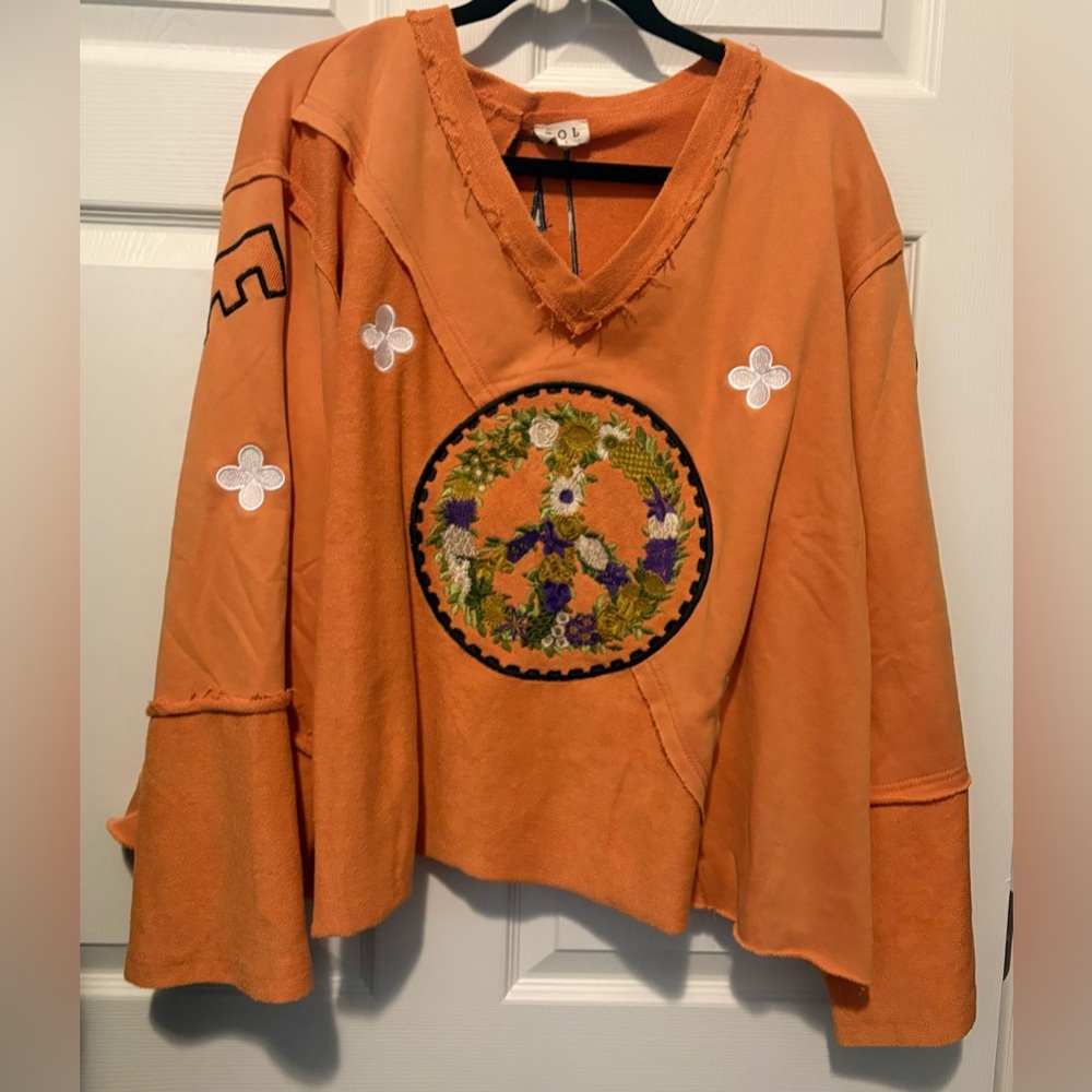 POL Orange V-Neck Sweater with Floral Embroidery